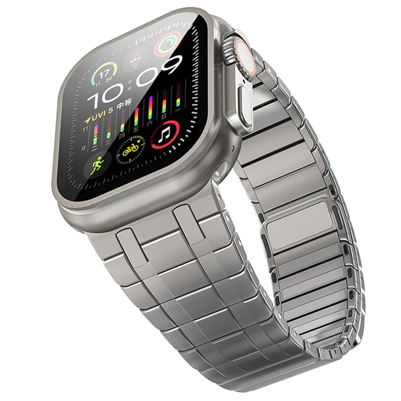 Apple Watch with premium titanium color magnetic stainless steel band, showcasing style and comfort.
