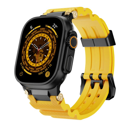 Apple Watch with a yellow silicone sports strap, featuring a waterproof rubber band design perfect for workouts.