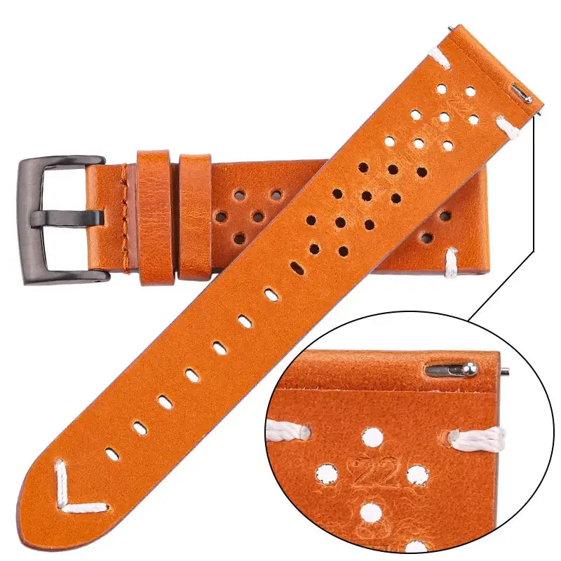 Orange-brown leather strap connector and tip stitching for compatible Huawei watches