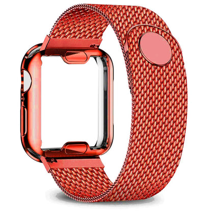 Apple Watch Premium Milanese Band in vibrant red, featuring a stylish and adjustable stainless steel design.