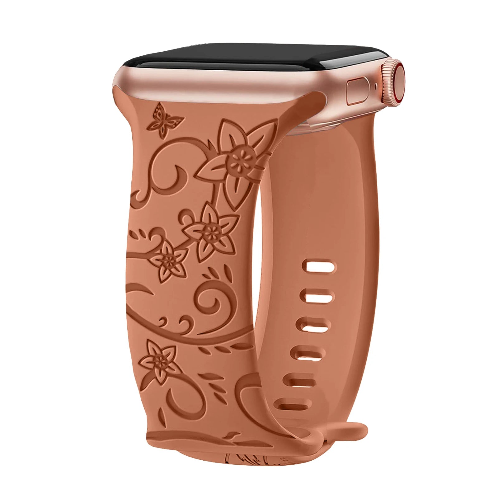 Apple Watch silicone strap in rose color, floral engraving design, waterproof and soft, perfect for all-day wear.