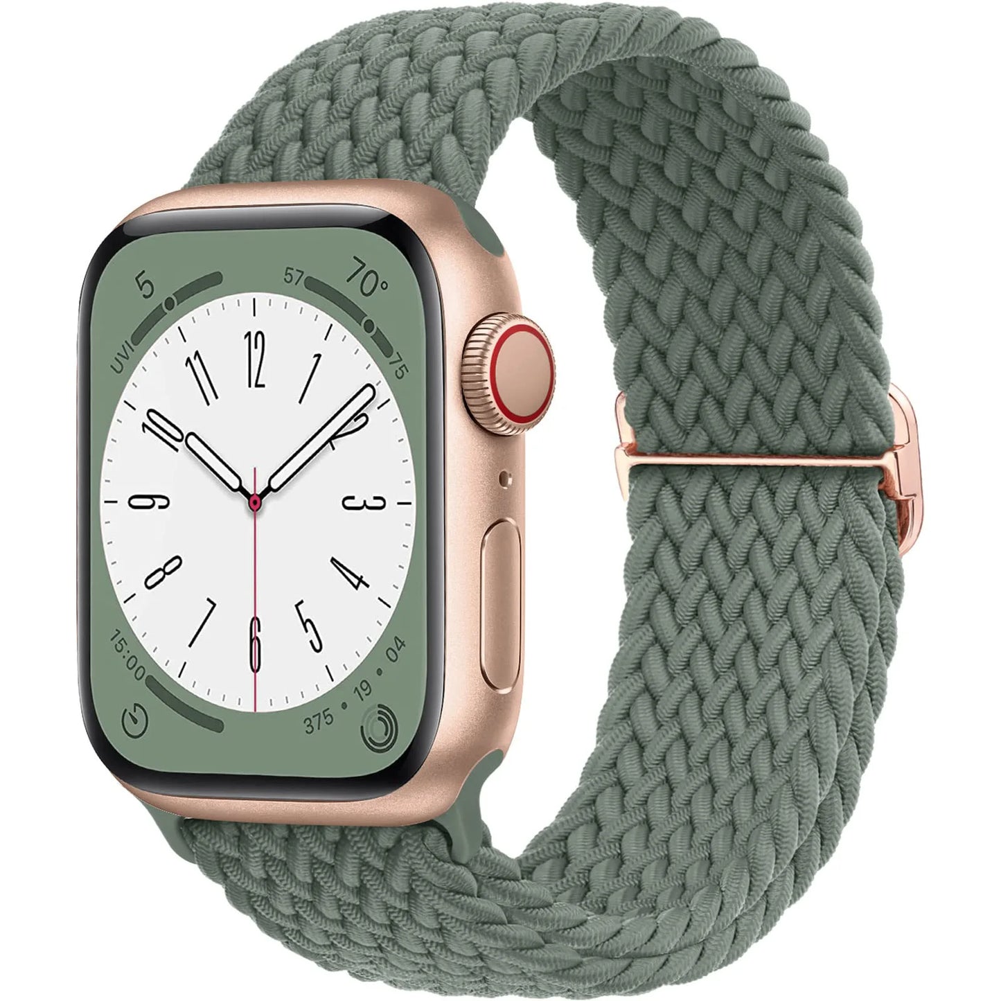 Apple Watch with braided soft elastic nylon strap in green, showcasing a stylish and lightweight design for daily wear.
