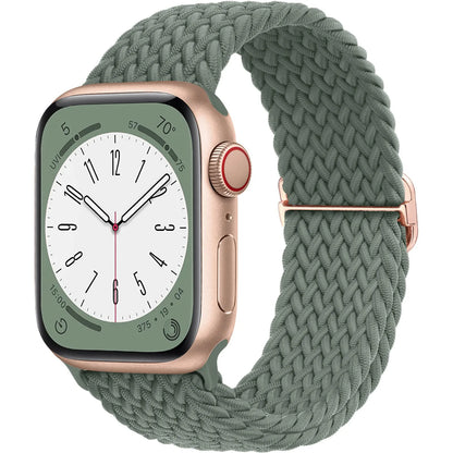 Apple Watch with braided soft elastic nylon strap in green, showcasing a stylish and lightweight design for daily wear.