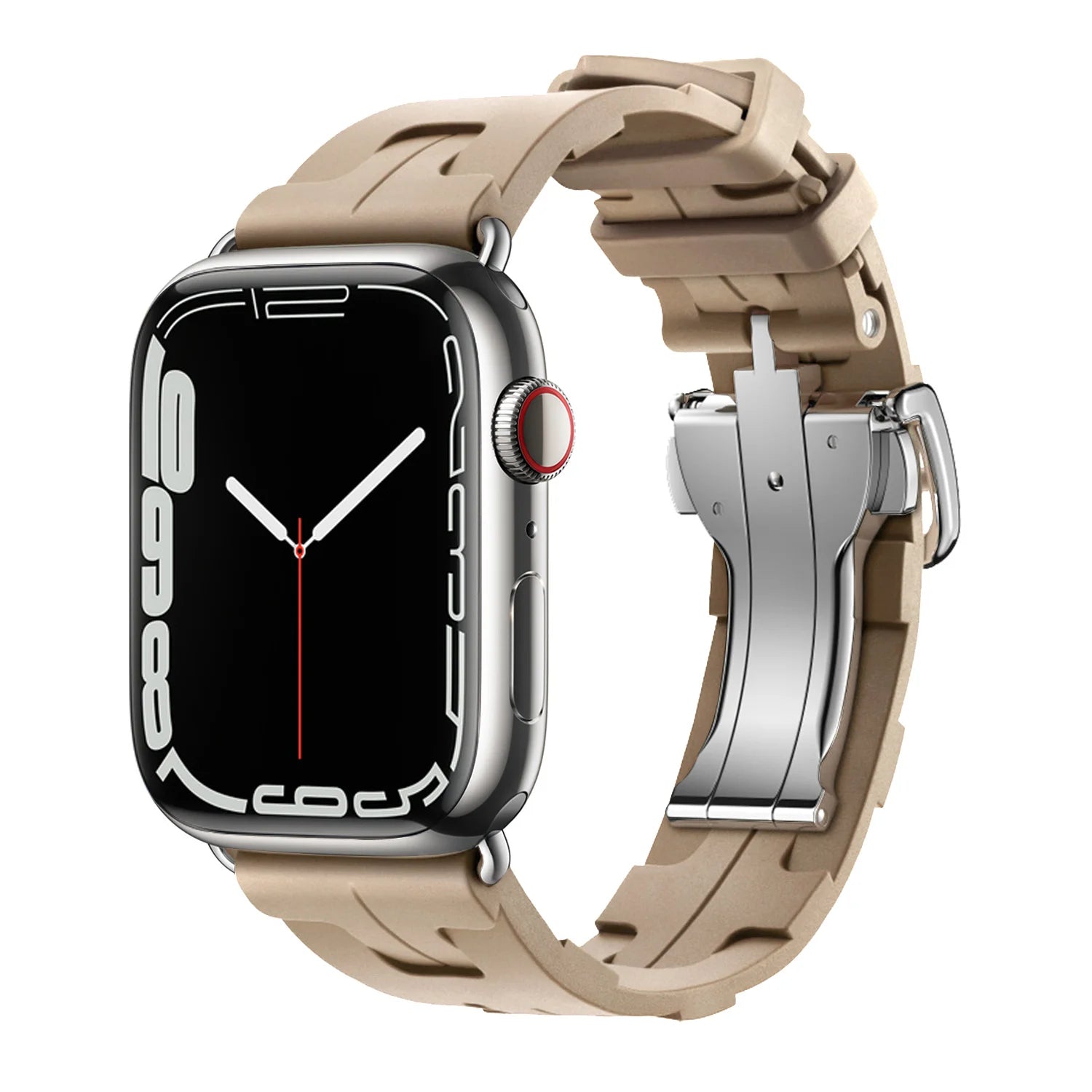 Apple Watch with beige silicone band, featuring a soft, flexible, and waterproof design for comfort and durability.