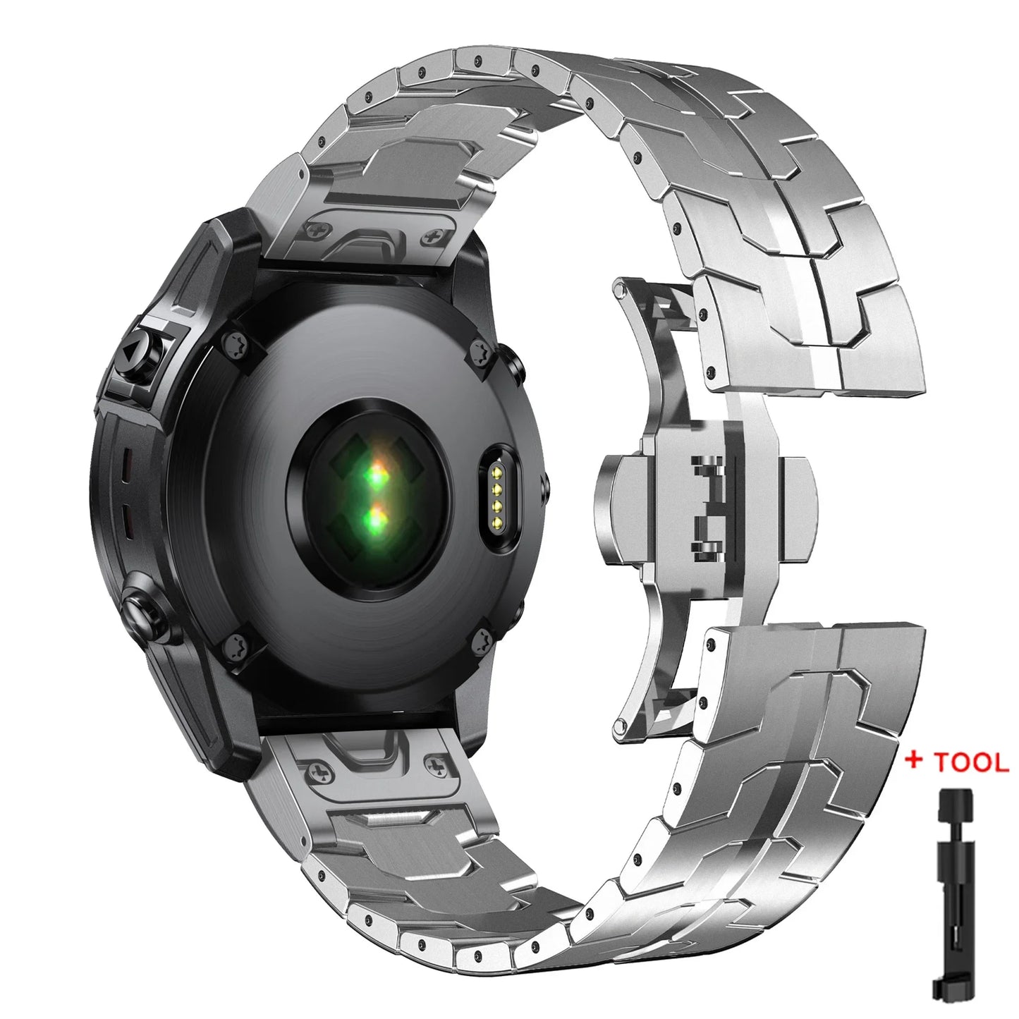 Garmin QuickFit stainless steel strap for watches, featuring durability and elegance with included tool for easy adjustment.