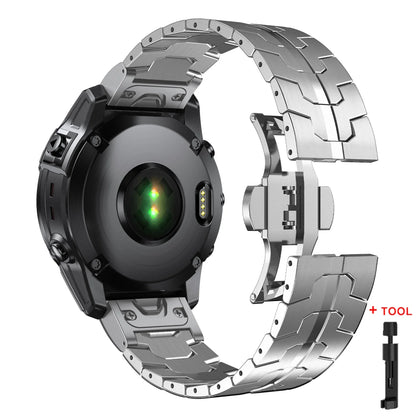 Garmin QuickFit stainless steel strap for watches, featuring durability and elegance with included tool for easy adjustment.