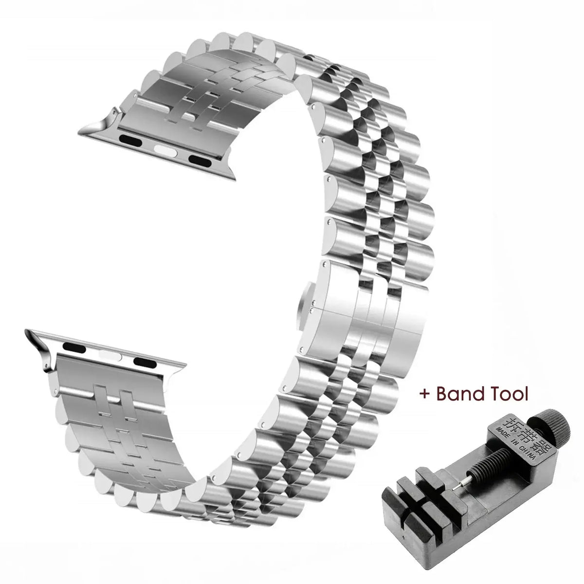 Silver five-row stainless steel Apple Watch band with adjustment tool