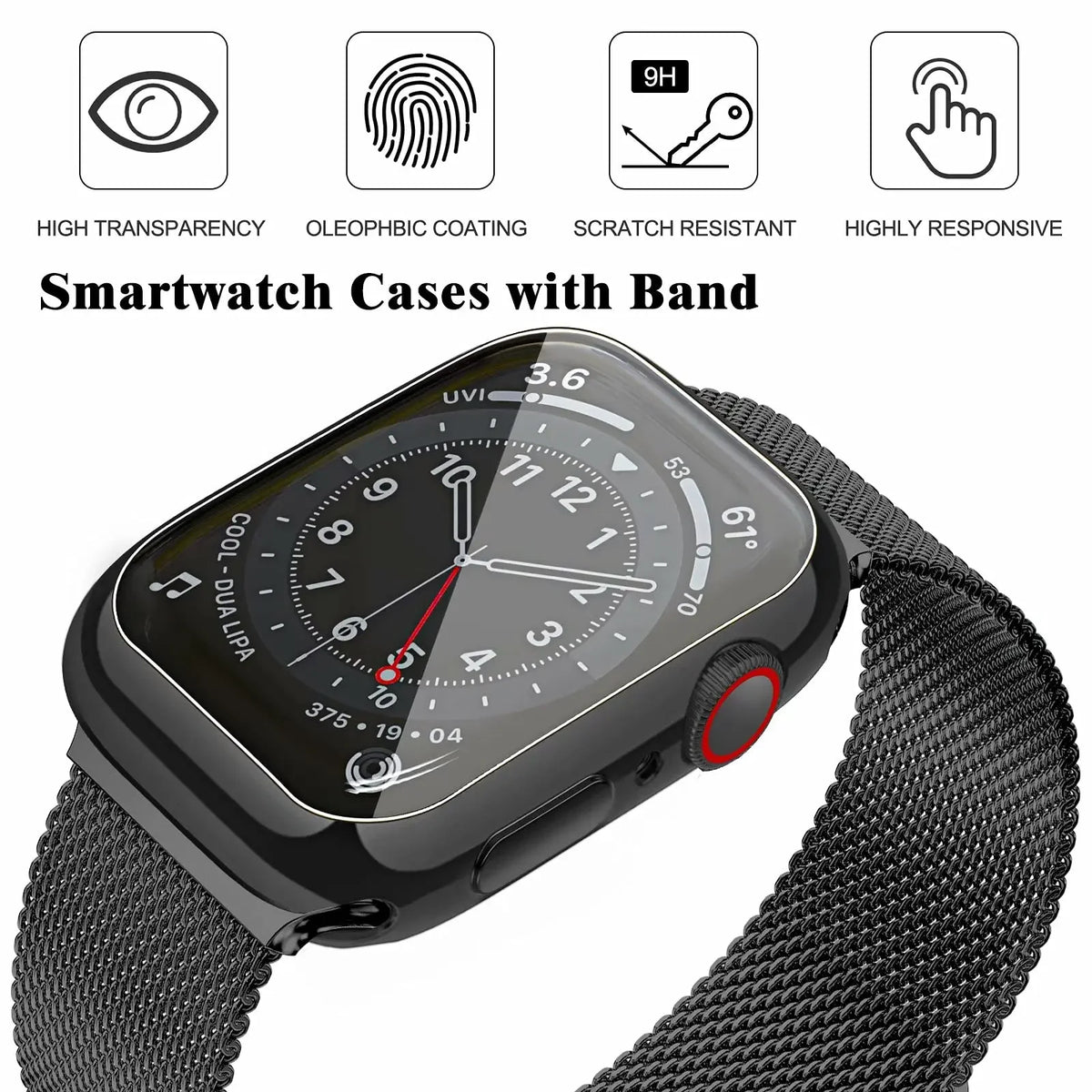Black mesh Apple Watch band shown with a watch case