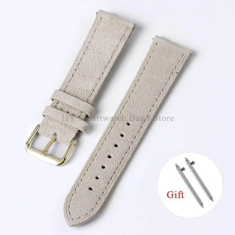 OnePlus Smartwatch Vintage Suede Leather Band Quick Release Strap in soft beige with gold buckle and gift tools.
