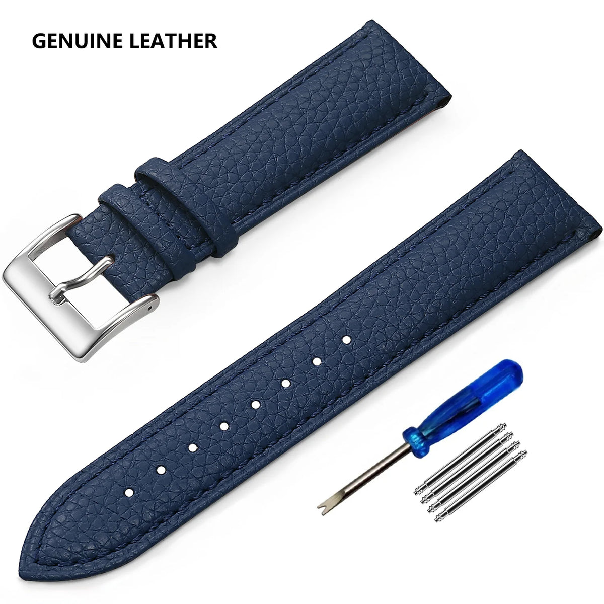 Grained Leather Band in Navy Blue with Silver Buckle