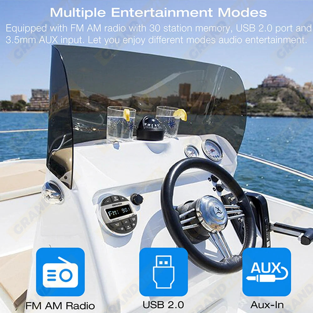 Golf Cart Bluetooth Stereo, Waterproof Marine Radio, Chrome Bezel