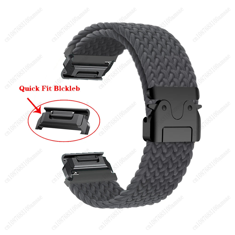 Garmin braided nylon strap in gray with quick fit buckle, ideal replacement band for smartwatches, lightweight and durable.