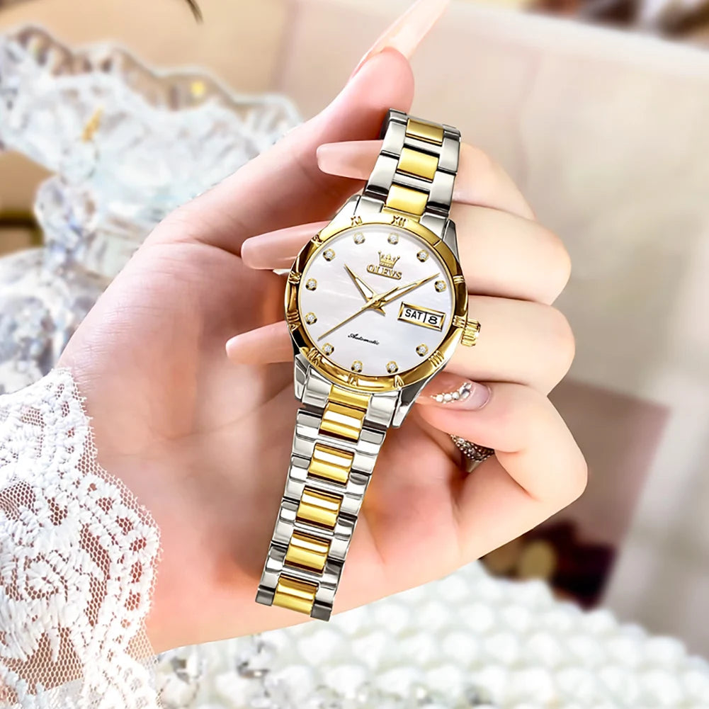 Women's Automatic Pearl-Effect Day-Date Watch — Silver and Gold Tone / White Dial — BandsCo Straps