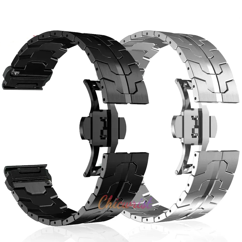 Garmin QuickFit stainless steel strap in black and silver, perfect for enhancing your Garmin smartwatch.