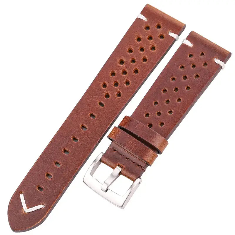 Perforated Leather Band with V Stitch in Dark Brown / Silver Buckle for compatible Huawei watches