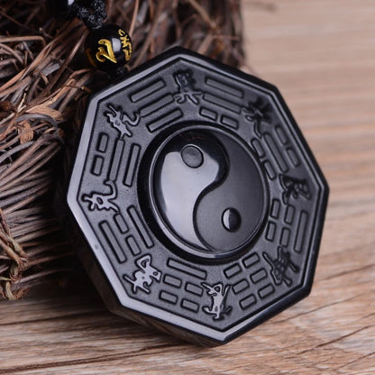 Carved Obsidian Yin Yang Bagua Pendant Necklace on Obsidian Bead Chain