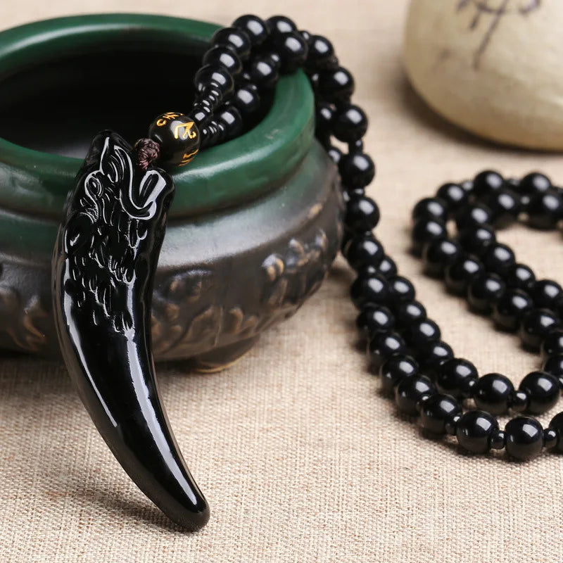 Carved Obsidian Wolf Tooth Pendant Necklace on Obsidian Bead Chain