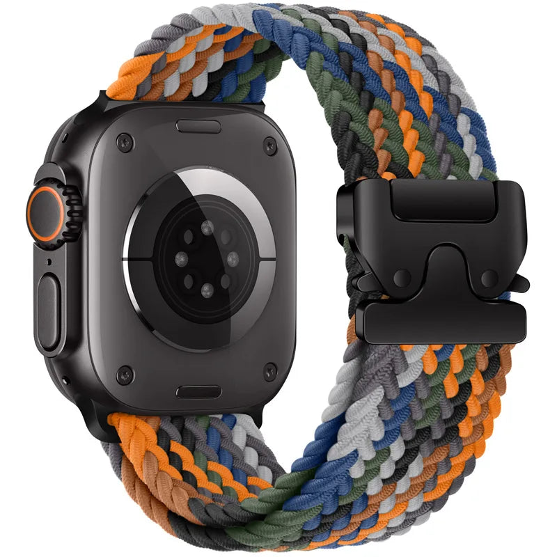 Braided nylon parachute strap for Apple Watch in multicolor design, offering comfort and style for everyday wear.