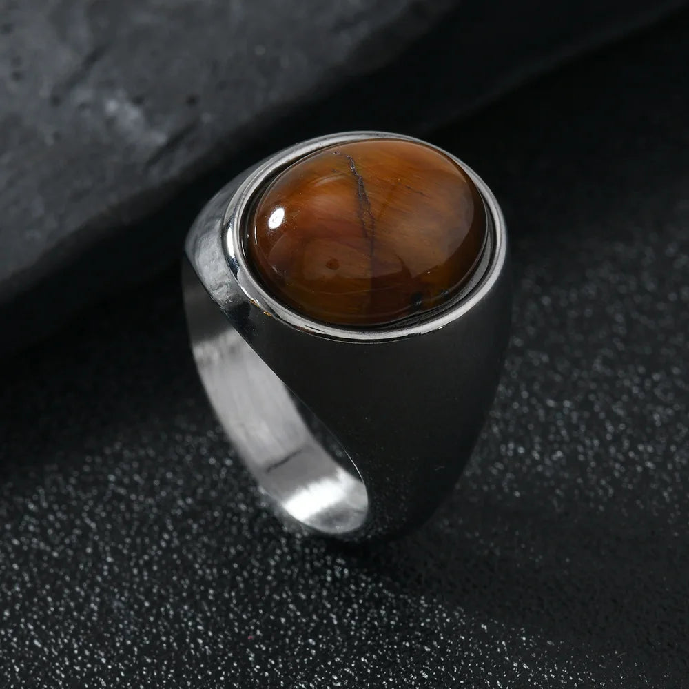 Oval tiger's eye ring, silver-tone stainless steel