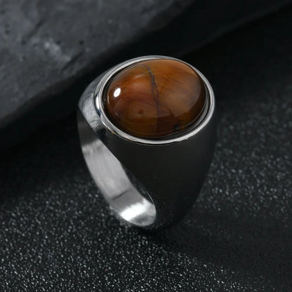 Oval tiger's eye ring, silver-tone stainless steel