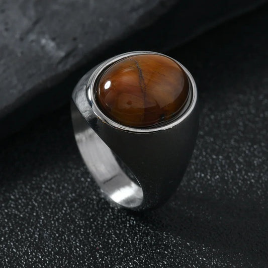 Oval tiger's eye ring, silver-tone stainless steel