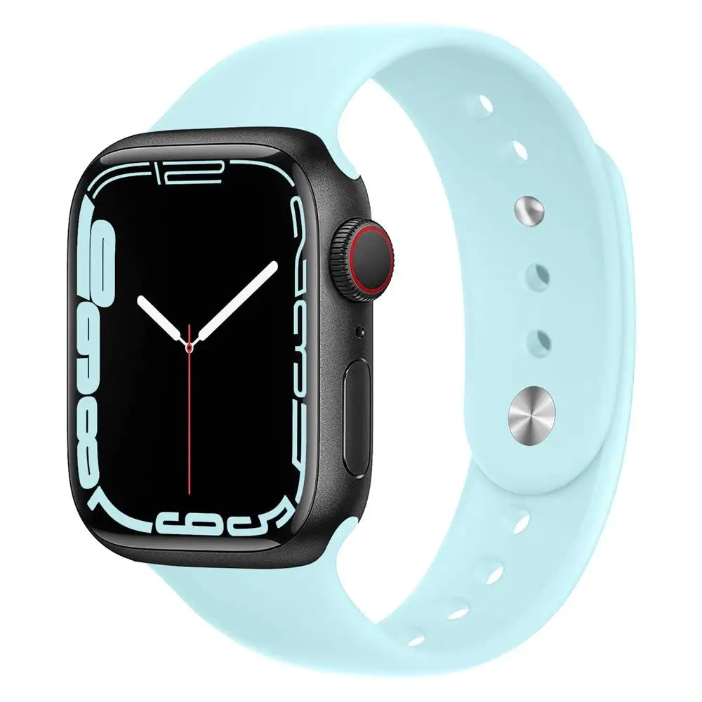 Apple Watch with a light blue silicone strap, showcasing a sleek design and comfortable fit for daily activities.