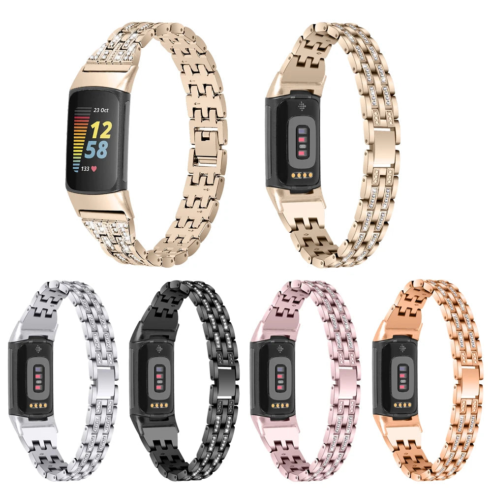 Fitbit Charge 5 metal bands in various colors, featuring stylish diamond straps for a glamorous smartwatch upgrade.