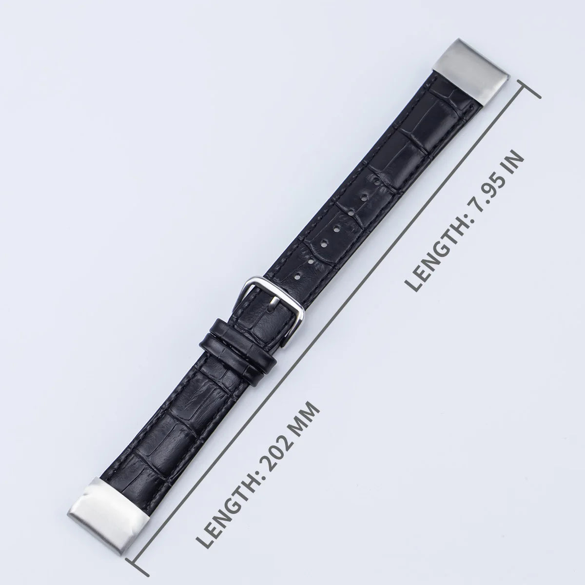 Garmin leather strap showing dimensions; 202mm length, 7.95 inches, designed for smartwatch replacement.