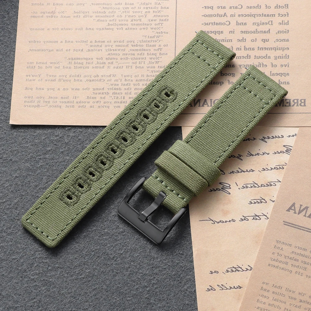 Stitched Canvas Nylon Band in Army Green with Black Buckle
