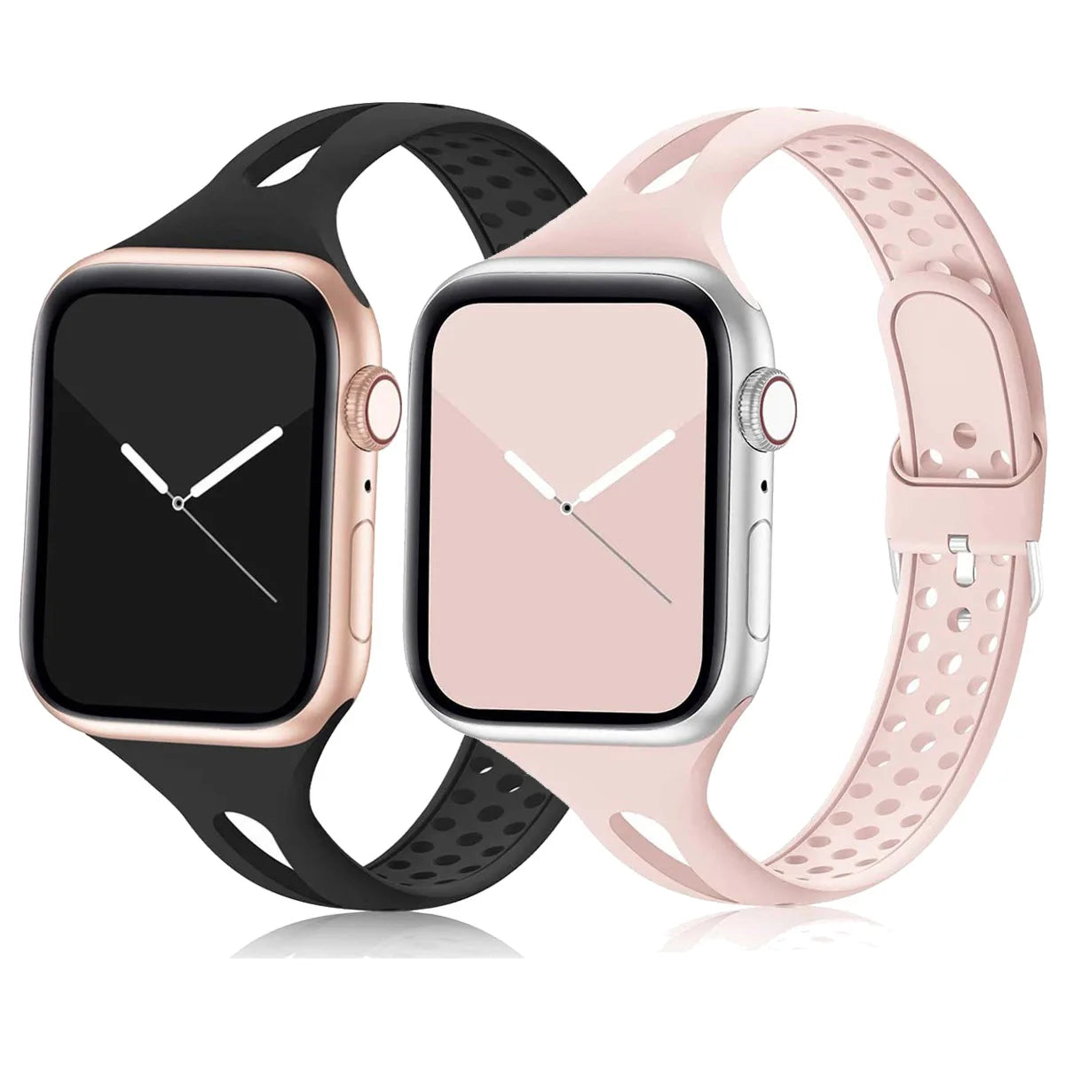 Apple Watch with black and pink silicone straps, showcasing soft, breathable design for all-day comfort.