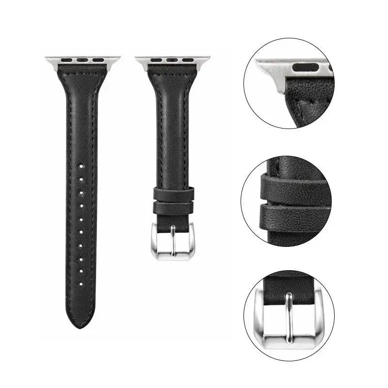 Black leather Apple Watch band showing connector, keepers and buckle