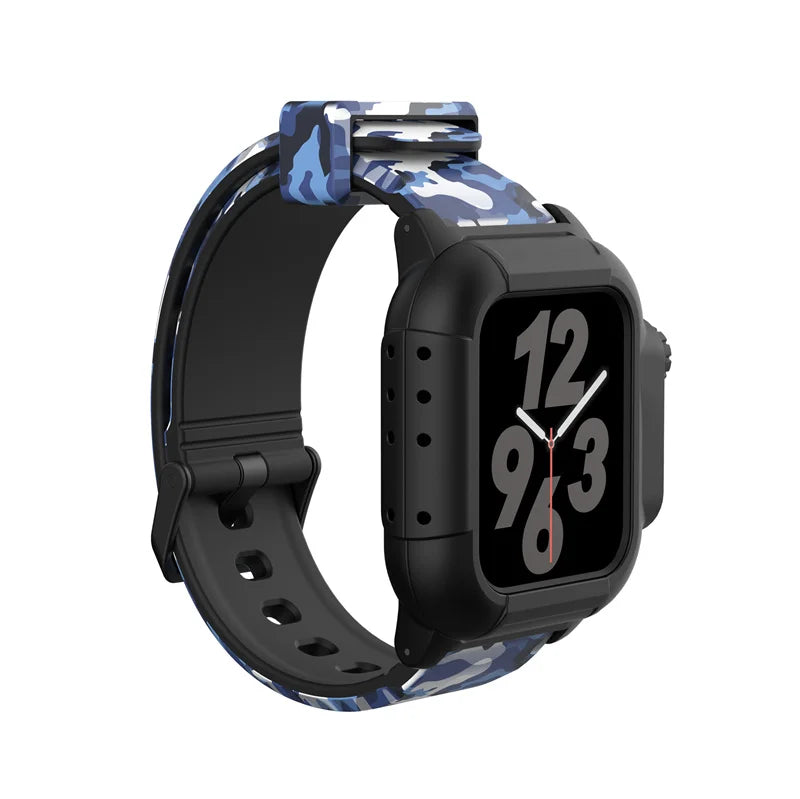 Apple Watch with blue camouflage silicone strap, showcasing a stylish and durable design for active lifestyles.