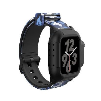 Apple Watch with blue camouflage silicone strap, showcasing a stylish and durable design for active lifestyles.