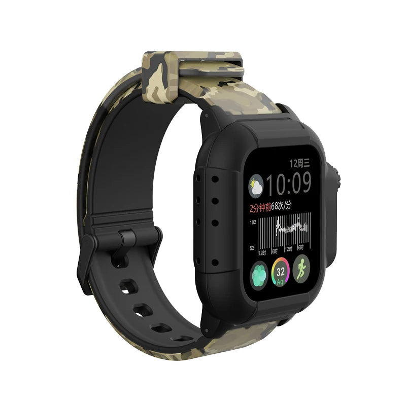 Apple Watch with a camouflage silicone strap, showcasing a modern design for style and functionality.