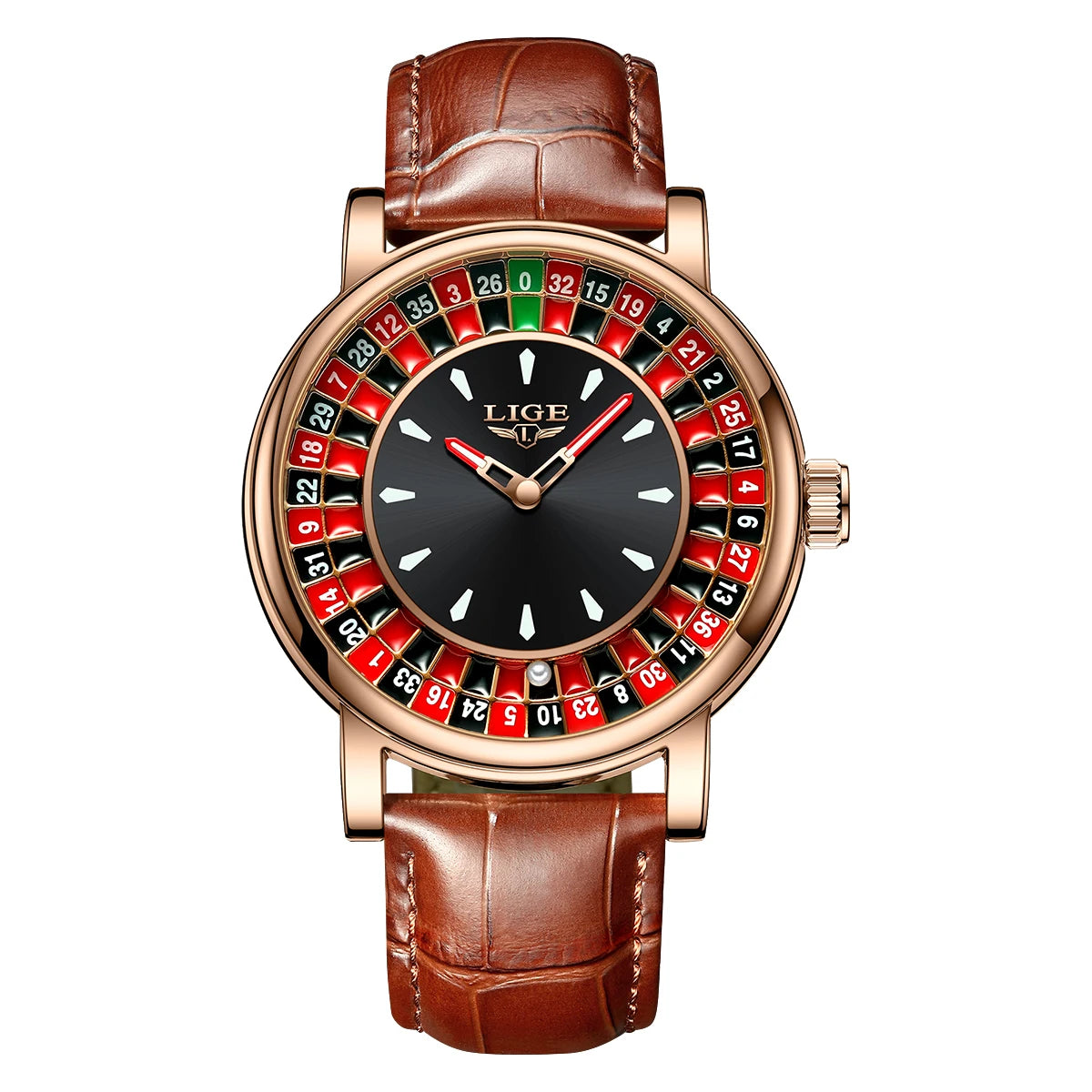 Women's Roulette Dial Leather Watch — Brown Strap / Rose Gold Tone — BandsCo Straps