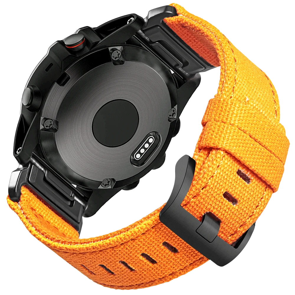 Garmin smartwatch with an orange rugged nylon sport band, featuring a secure G-hook closure for active lifestyles.