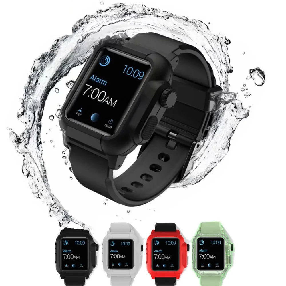 Apple Watch Silicone Strap with a waterproof design, showcasing black, white, red, and green color options.