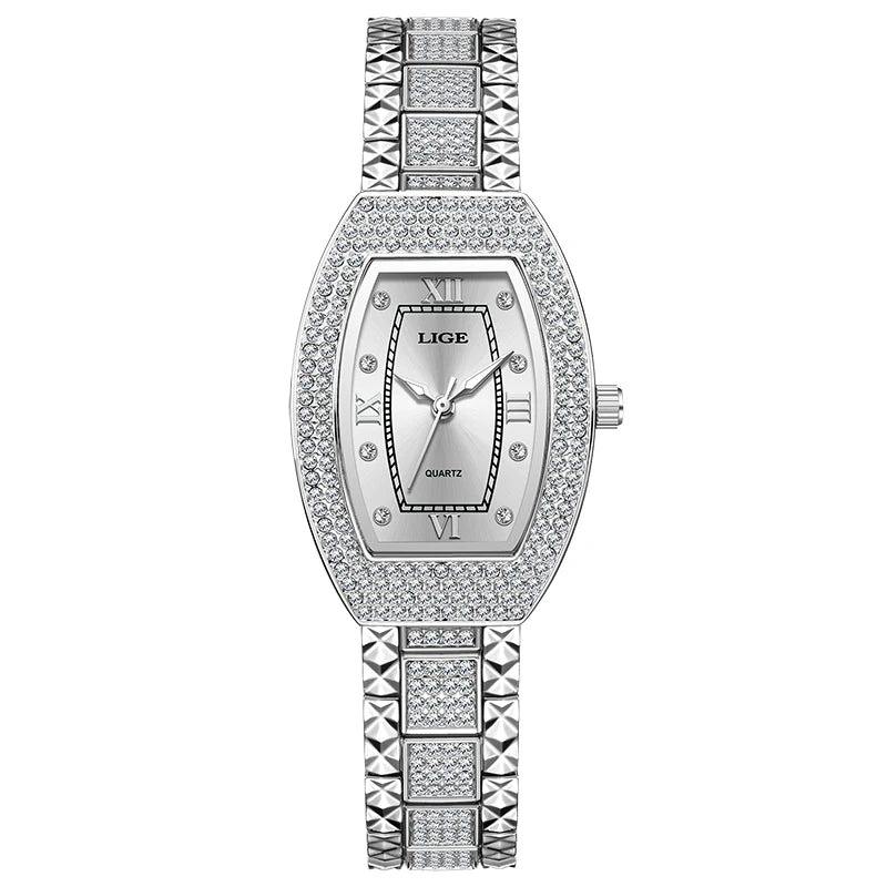 Women's Crystal Tonneau Quartz Bracelet Watch — Silver Tone / White Dial
