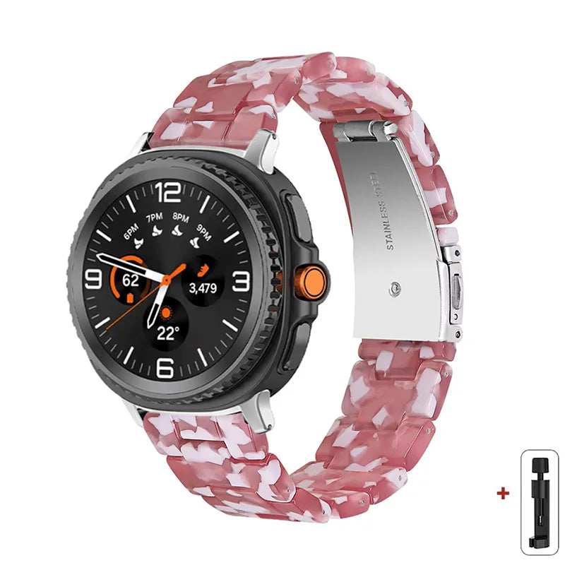 Samsung Galaxy Resin Link Watch Band - Tortoise Women Watch8/Watch8 Classic/Watch9 Ultra/Ultra2 on a smartwatch.