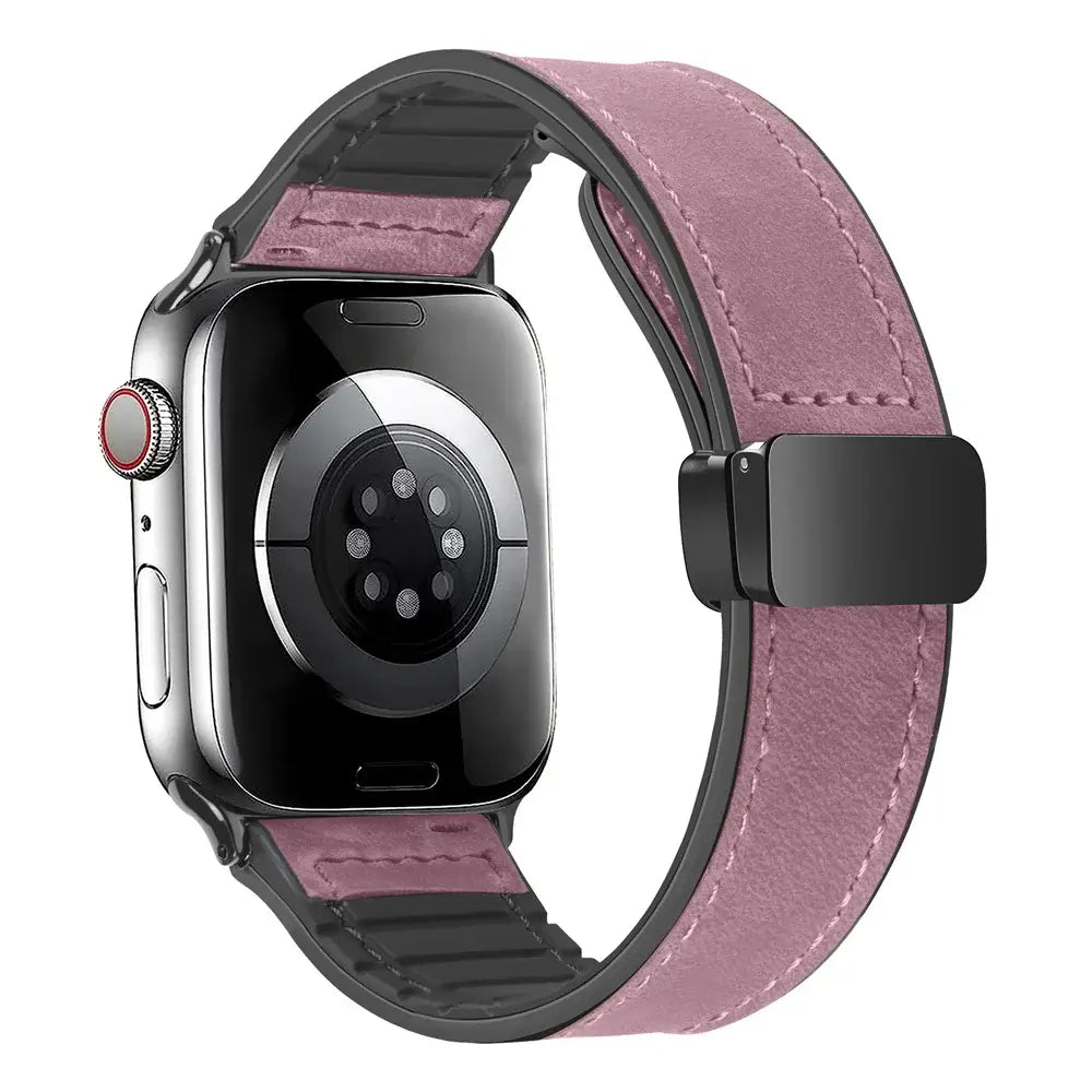 Mauve stitched leather Apple Watch band with magnetic clasp