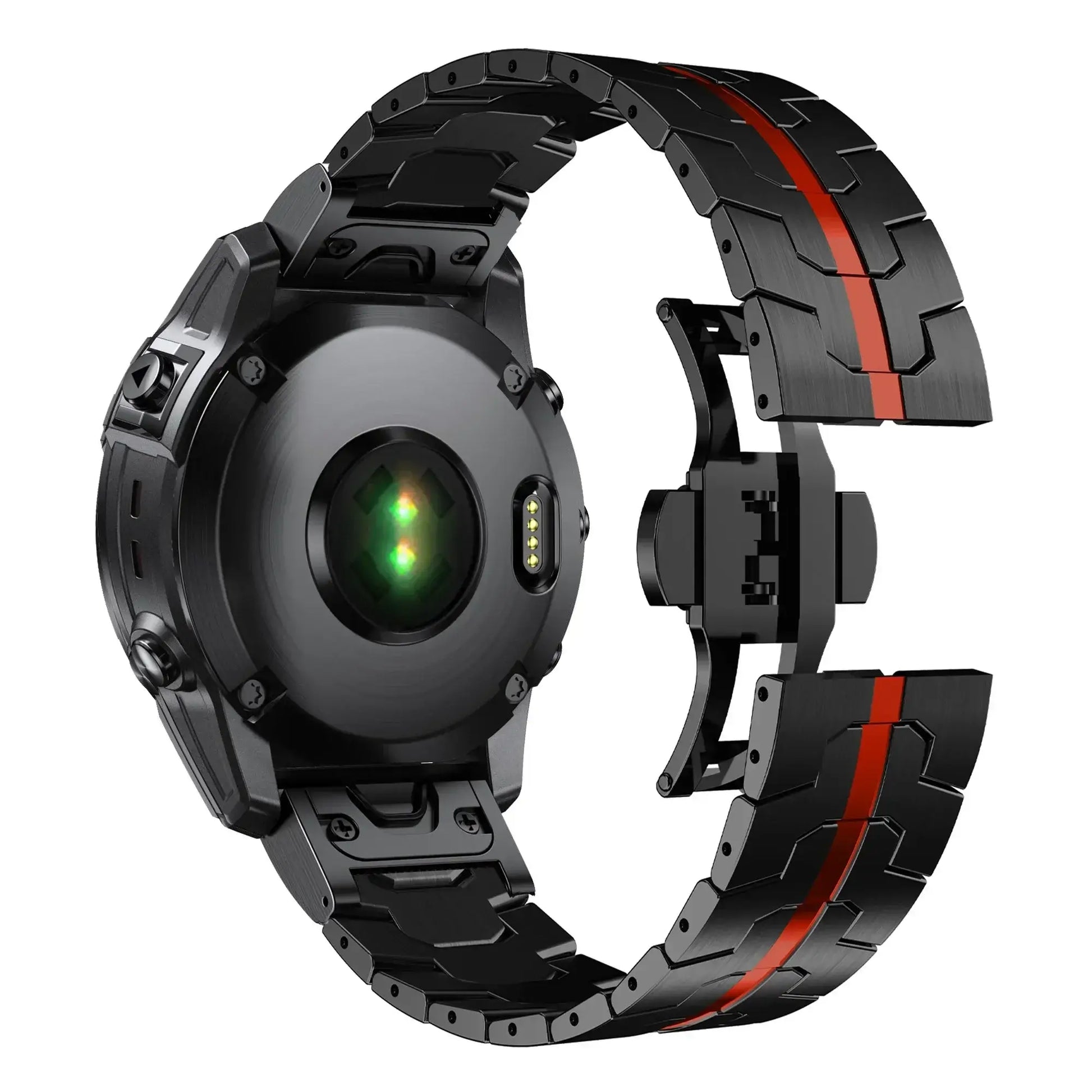 Black stainless steel Garmin QuickFit band with red accents, showcasing a sleek and stylish design for active lifestyles.