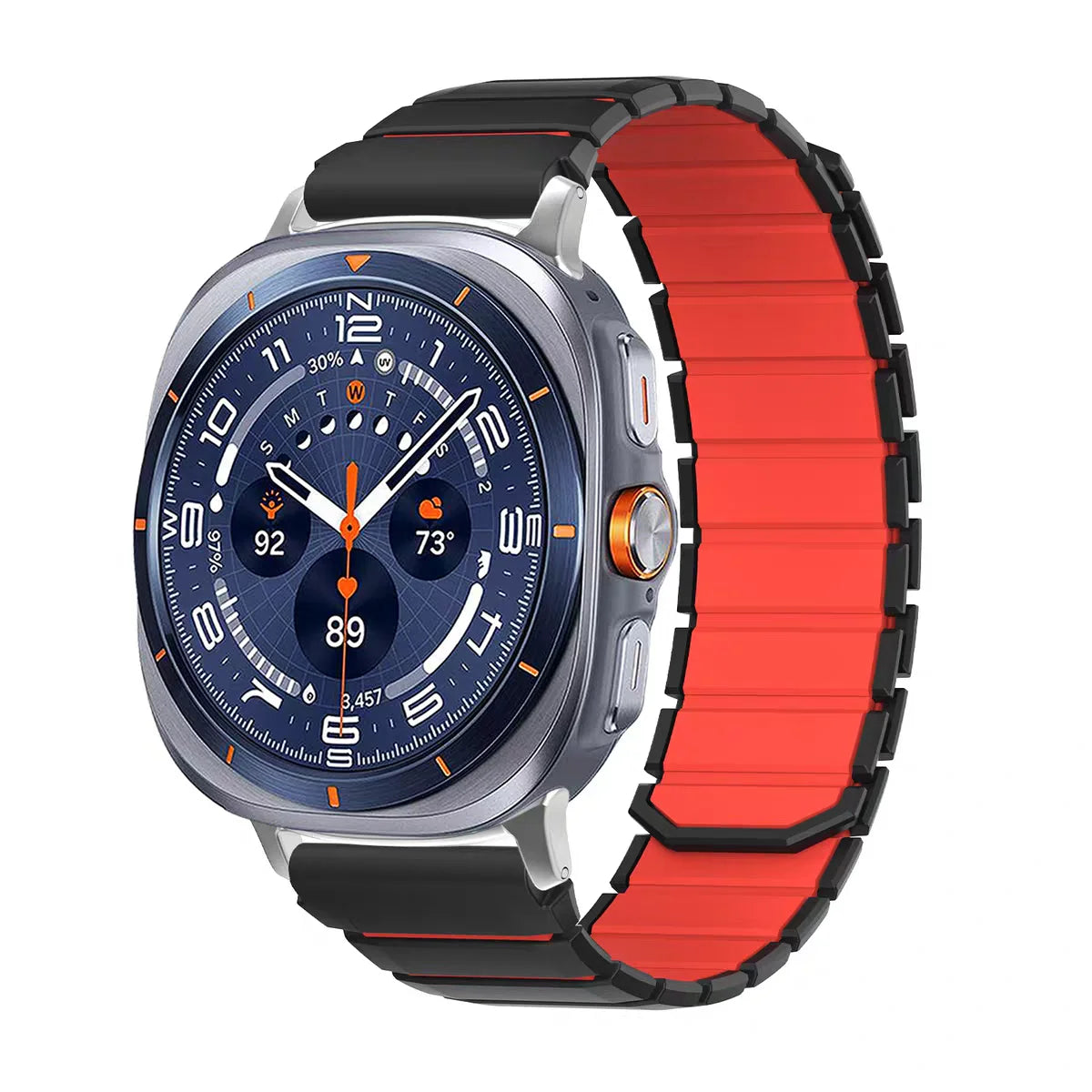 Samsung Galaxy Silicone Magnetic Watch Band Fits Watch8/Watch8 Classic/Watch9/Ultra/Ultra2 in black and red color with magnetic clasp.