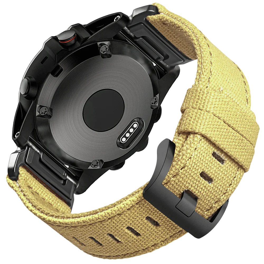 Garmin smartwatch with a rugged yellow woven nylon sport band, featuring a secure G-hook closure for an active lifestyle.