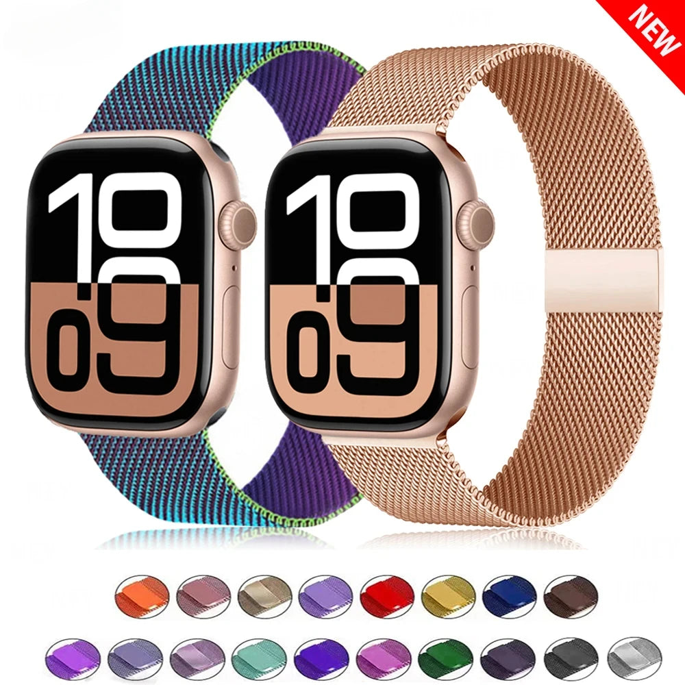 Rainbow and gold Milanese mesh Apple Watch bands with color previews
