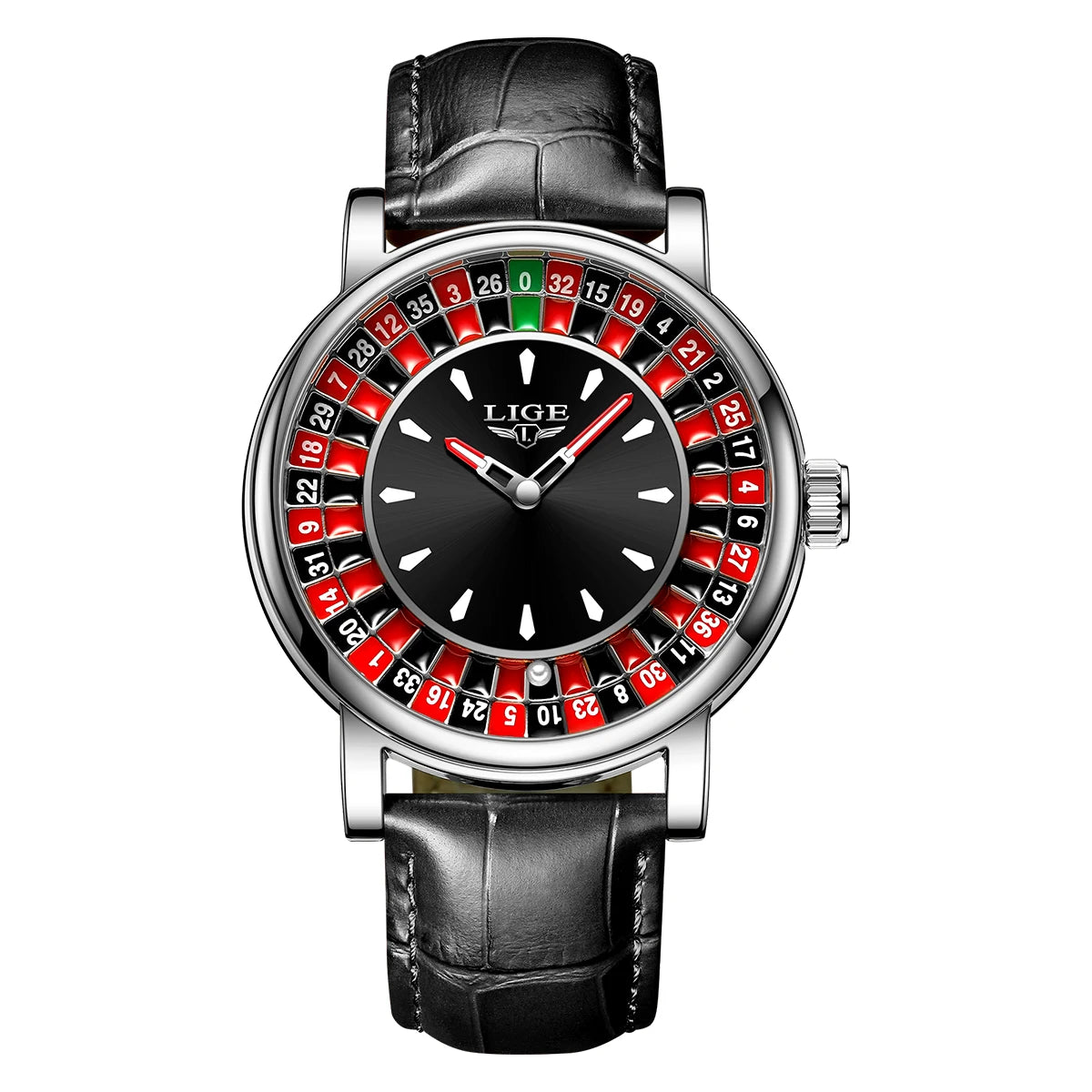 Women's Roulette Dial Leather Watch — Black Strap / Silver Tone — BandsCo Straps