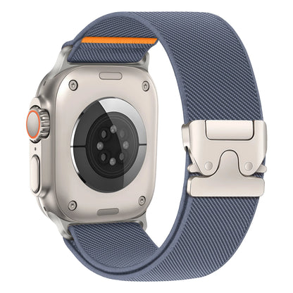 Apple Watch nylon strap in blue with a secure buckle, showcasing a stylish and durable design for comfortable wear.