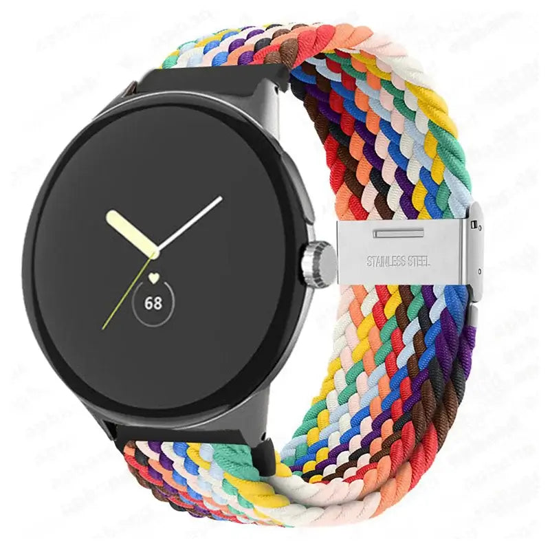 Braided Nylon Google Pixel Watch Band with Metal Clasp in Rainbow