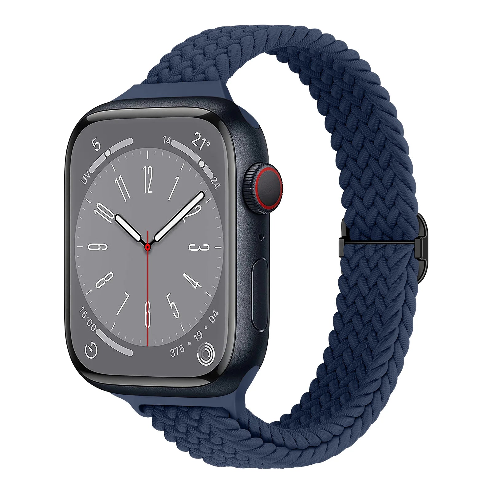 Apple Watch with navy nylon band, soft breathable braided strap ideal for comfort and style during all-day wear.