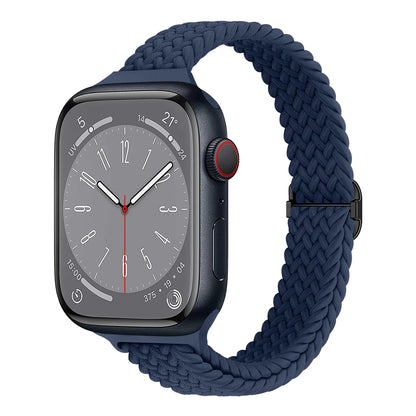 Apple Watch with navy nylon band, soft breathable braided strap ideal for comfort and style during all-day wear.