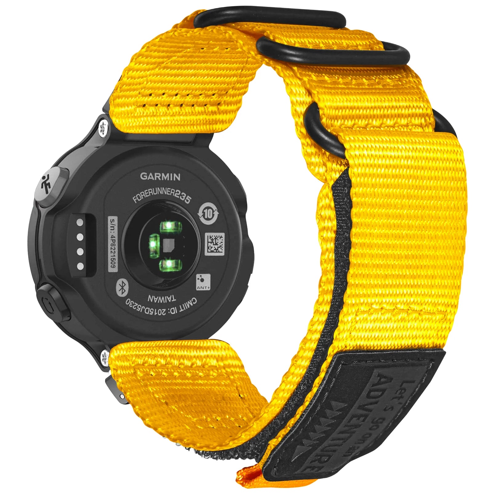 Garmin rugged nylon watch band strap in vibrant yellow, designed for comfort and durability for smartwatches.